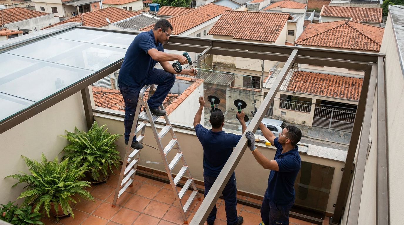 Cobertura de vidro em terraço com telhados em Praia Grande-SP
