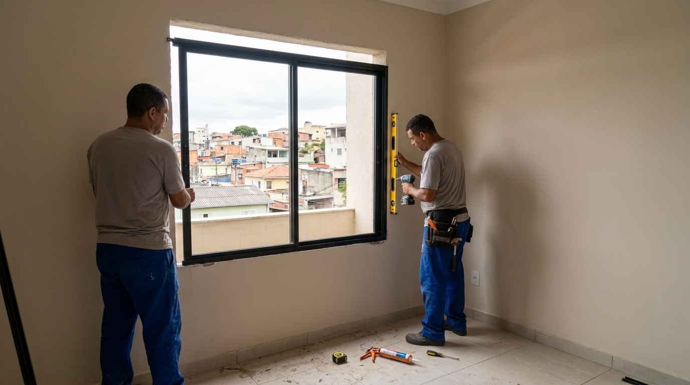Esquadria de alumínio em quarto bege em Praia Grande-SP
