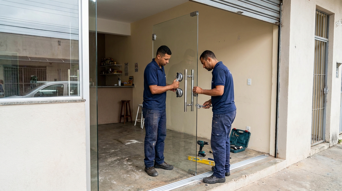 Dupla instalando porta de vidro em loja em Praia Grande-SP